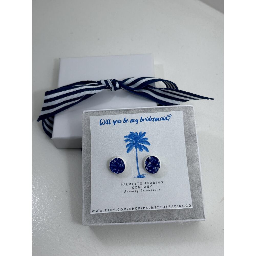Chinoiserie Blue White Gold Earrings from Broken Fine China Weddings Gift Ribbon